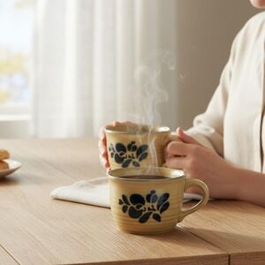 Pfaltzgraff Folk Art Coffee Cups Set of 2 Vintage Brown Stoneware USA #100